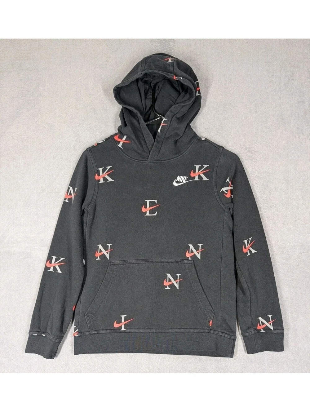 Nike Boys Hoodie M Joggers L Black Red All Over Logo Swoosh Tracksuit Set Fleece